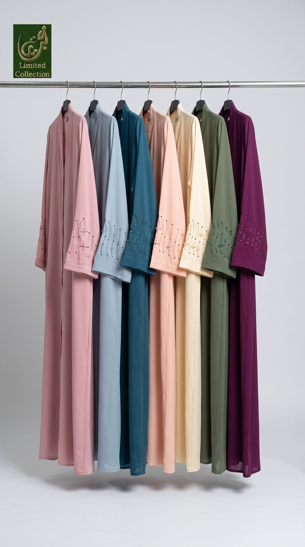 Front-Open Handwork Cutdana Abaya | Premium Moss Chiffon Handcrafted Cutdana Colored Abaya