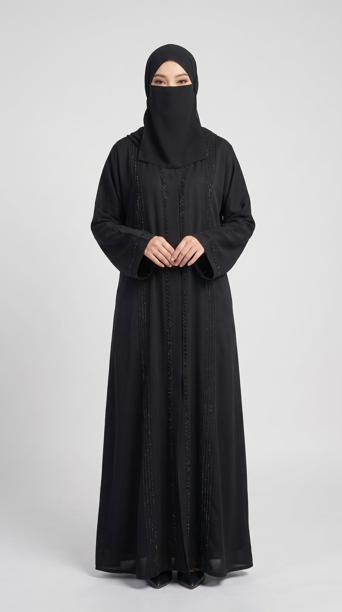 Front-Open Black Stonework Abaya | Premium Nida Stone Embellished Black Abaya
