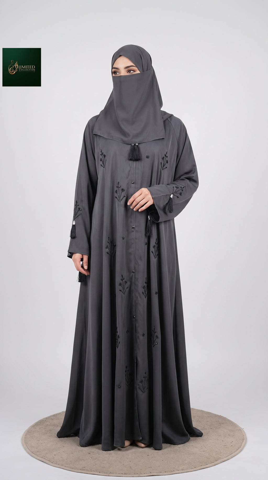 Front-Open Handcrafted Scattered Botanical Cutdana Abaya | Premium Romantic Nida Colored Handwork Cutdana Abaya