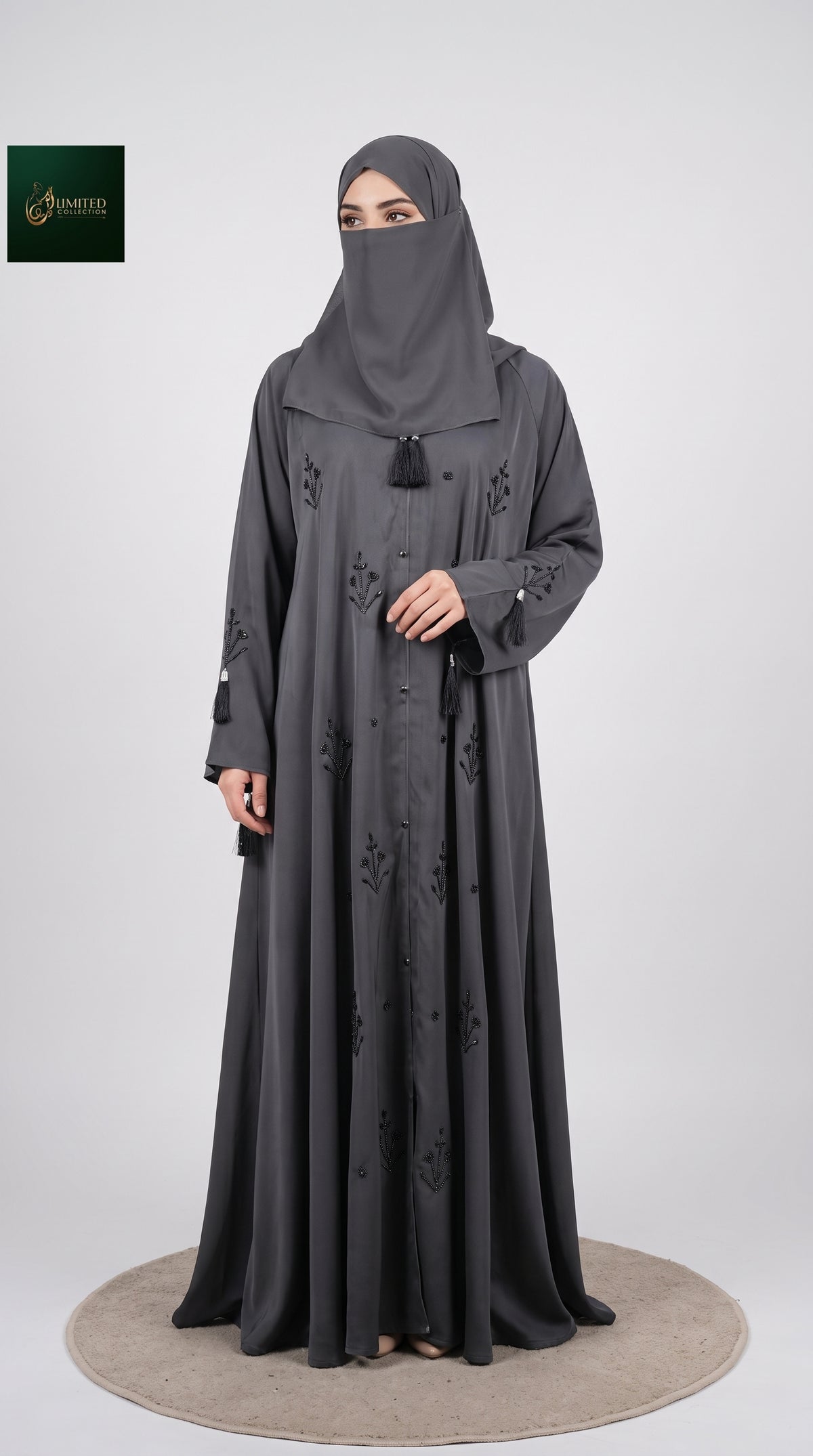 Front-Open Handcrafted Scattered Botanical Cutdana Abaya | Premium Romantic Nida Colored Handwork Cutdana Abaya