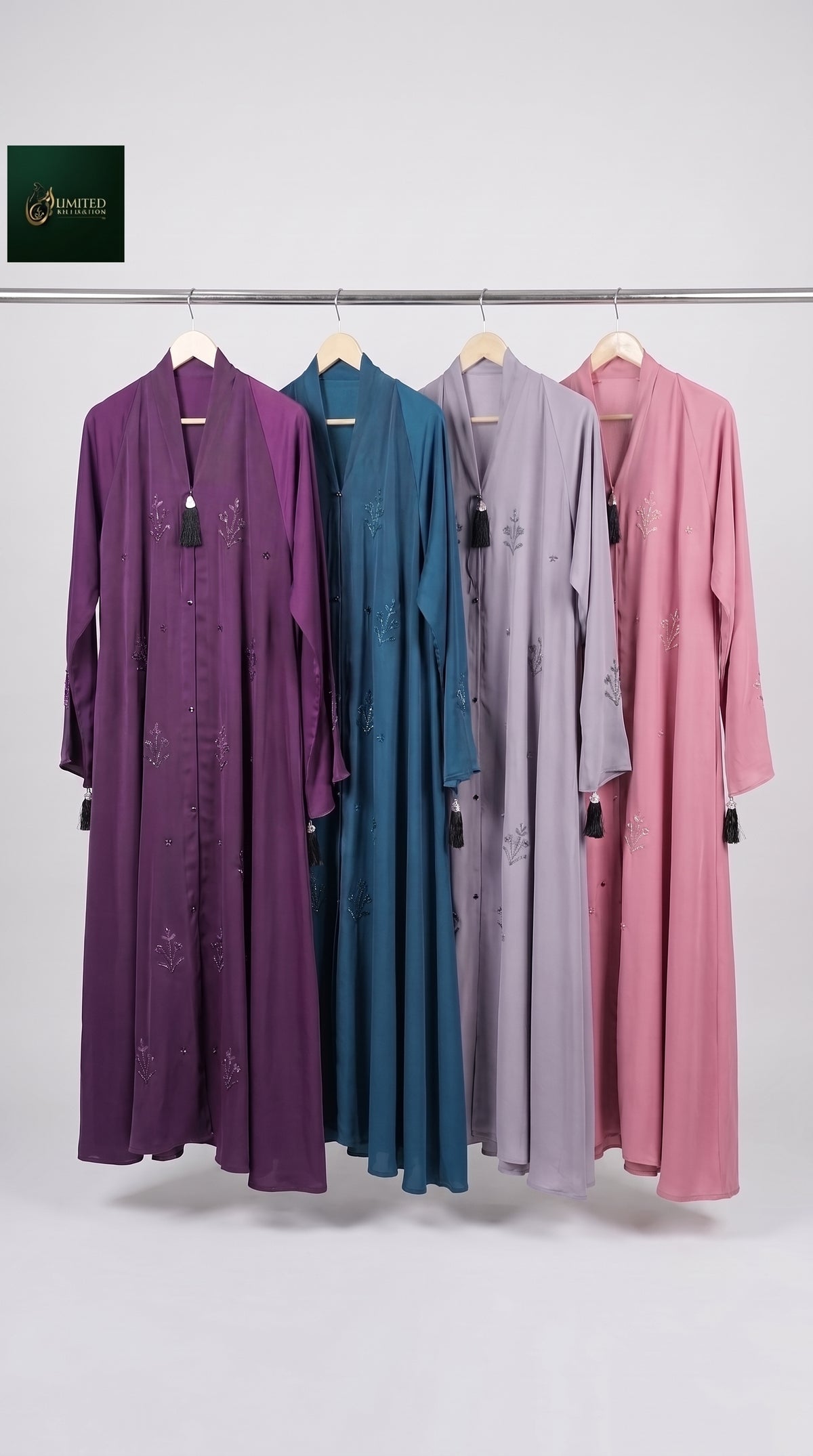 Front-Open Handcrafted Scattered Botanical Cutdana Abaya | Premium Romantic Nida Colored Handwork Cutdana Abaya