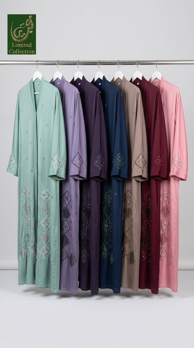 Front-Open Handcrafted Diamond Rosette Cutdana Abaya | Premium Romantic Nida Handcrafted Cutdana Abaya