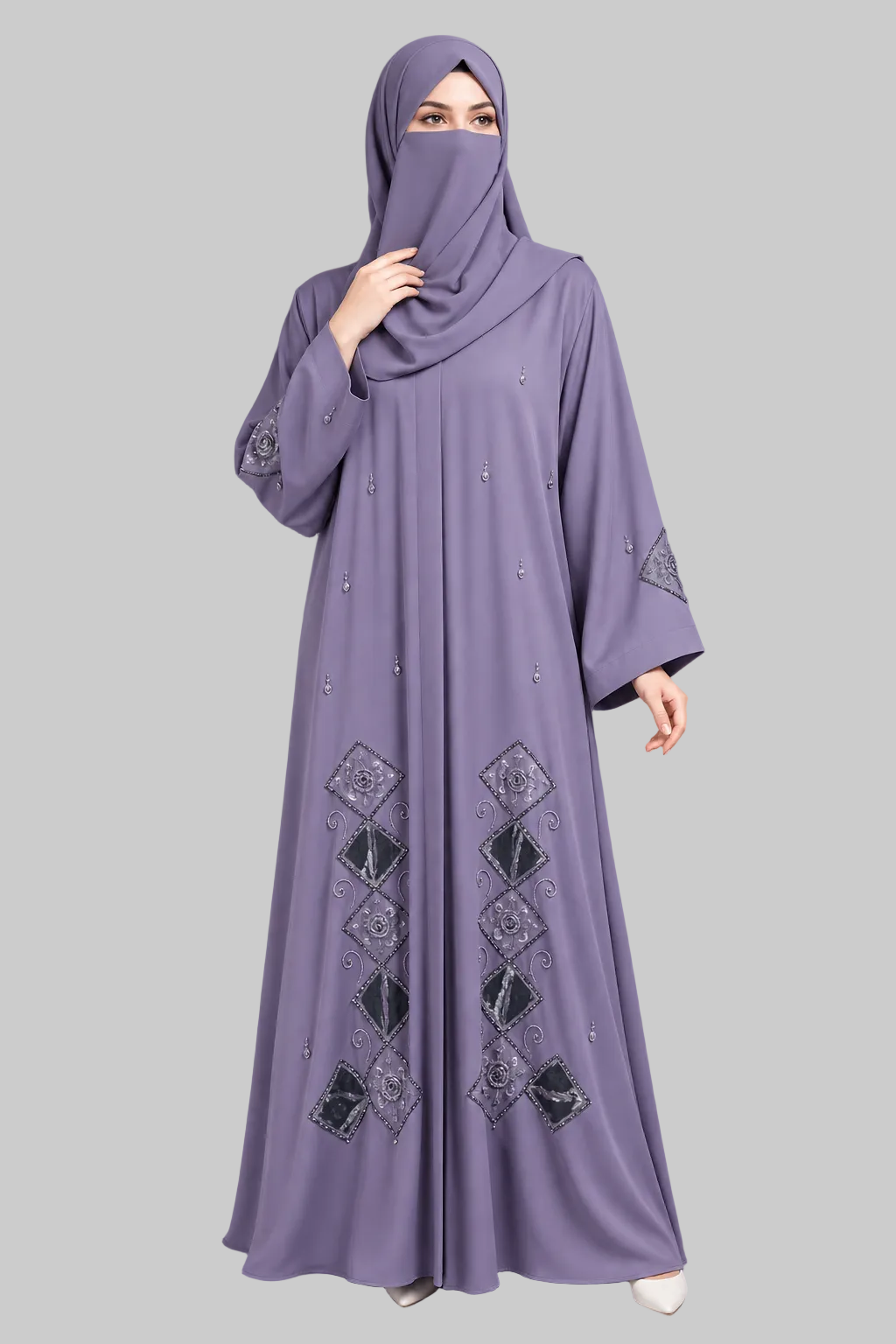 Front-Open Handcrafted Diamond Rosette Cutdana Abaya | Premium Romantic Nida Handcrafted Cutdana Abaya