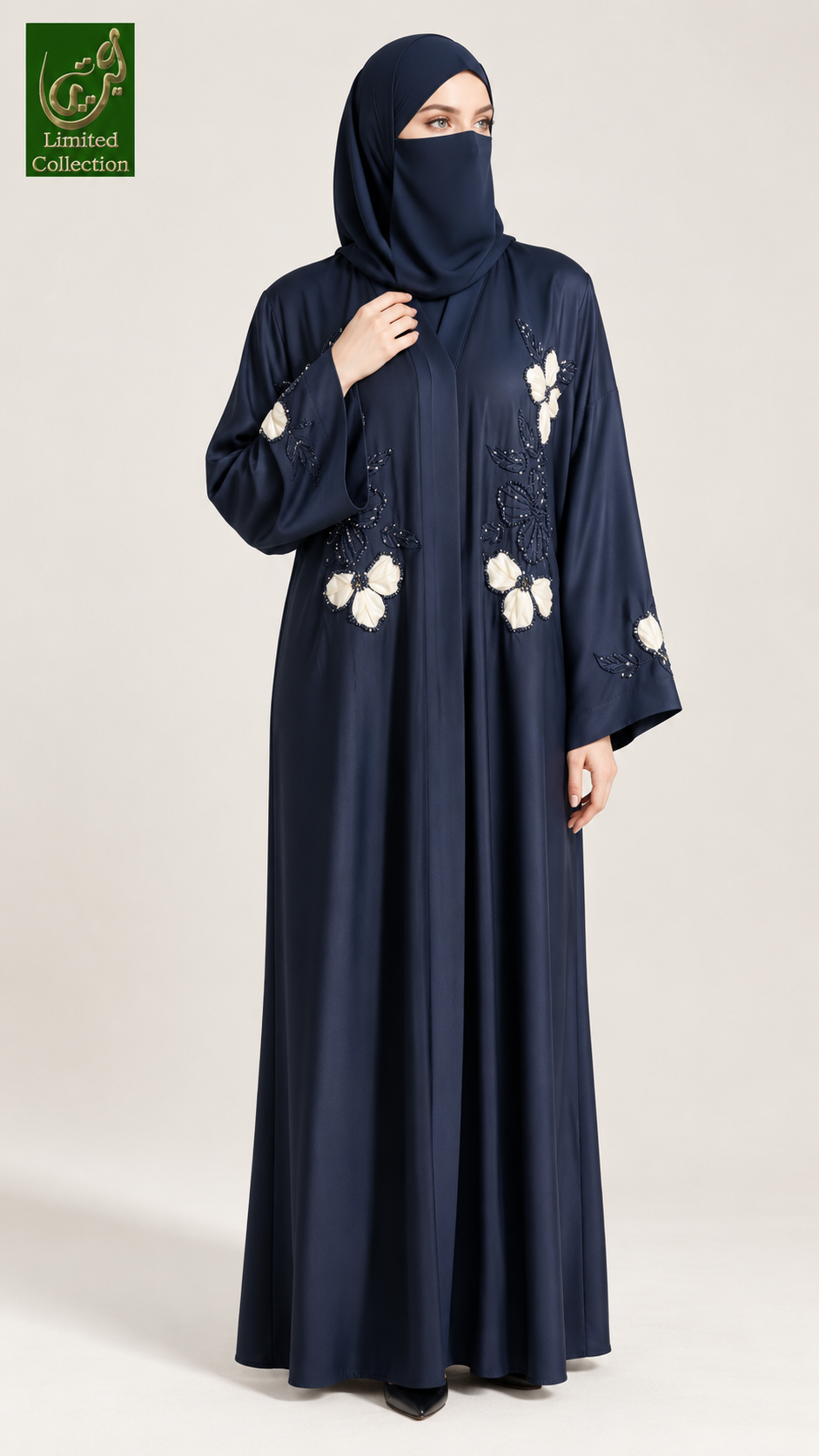Front-Open Abaya with Bloom Tissue Handcrafted Cutdana | Premium Romantic Nida Handwork Cutdana Colored Abaya