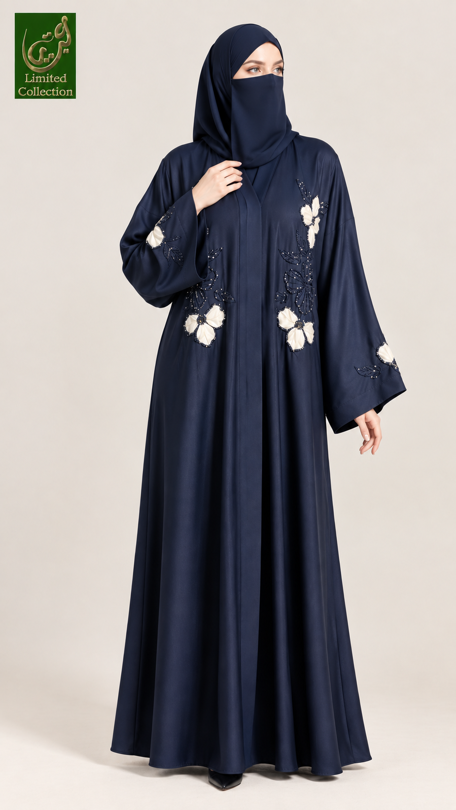 Front-Open Abaya with Bloom Tissue Handcrafted Cutdana | Premium Romantic Nida Handwork Cutdana Colored Abaya