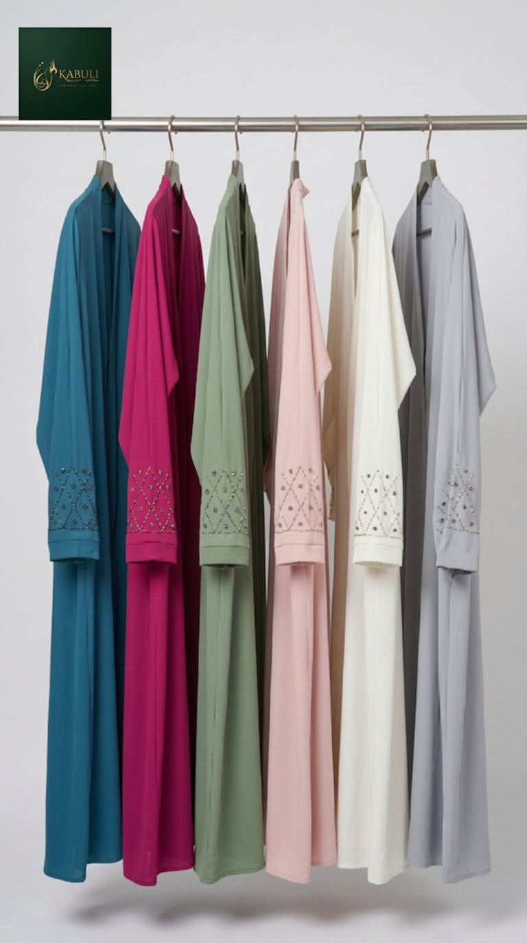 Front-Open Abaya with Diamond Lattice Cutdana Handwork Cuffs | Premium Cey Handcrafted Cutdana Colored Abaya
