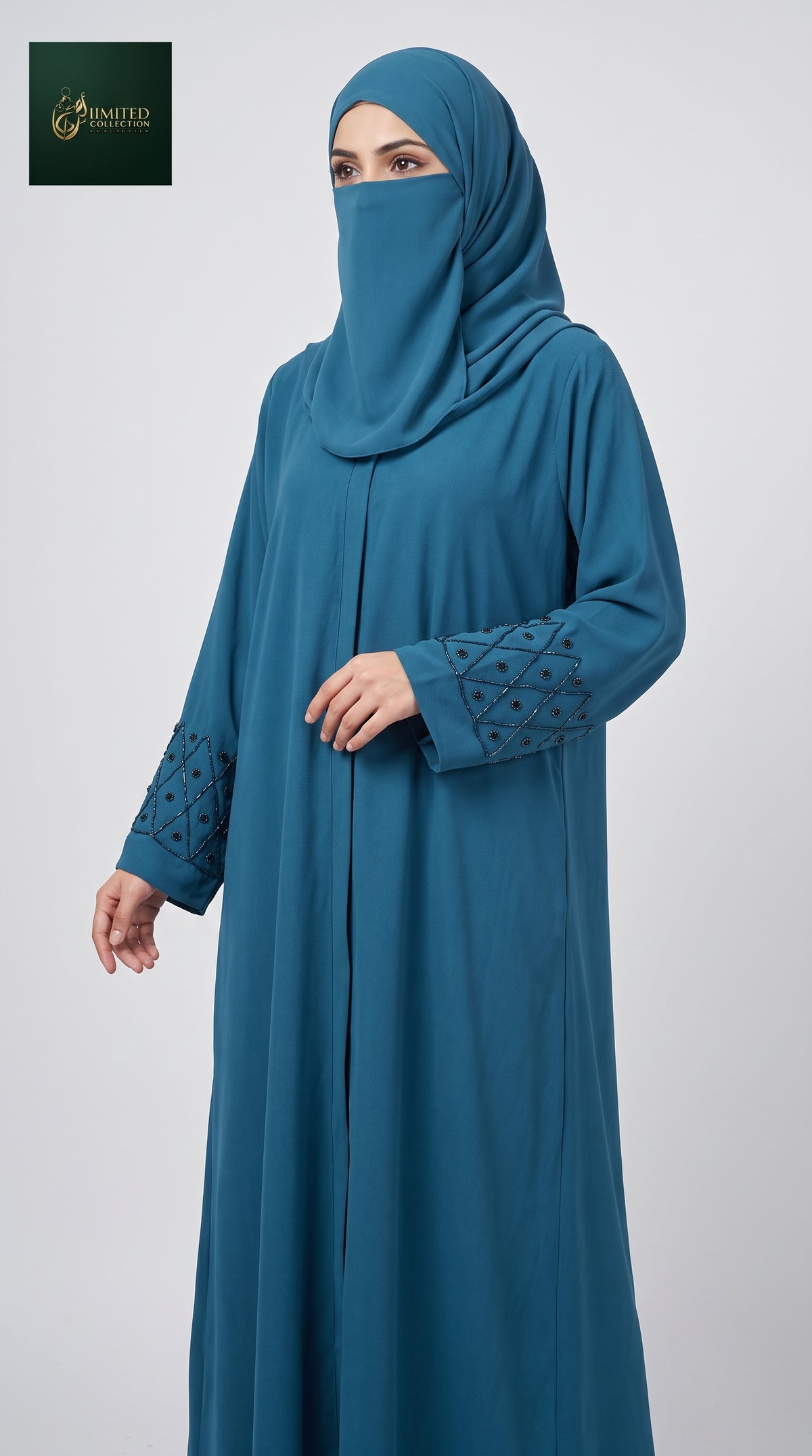Front-Open Abaya with Diamond Lattice Cutdana Handwork Cuffs | Premium Cey Handcrafted Cutdana Colored Abaya
