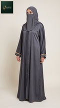 Front-Open Abaya with Golden Handcrafted Cutdana Cuffs | Premium Romantic Nida Handwork Cutdana Colored Abaya