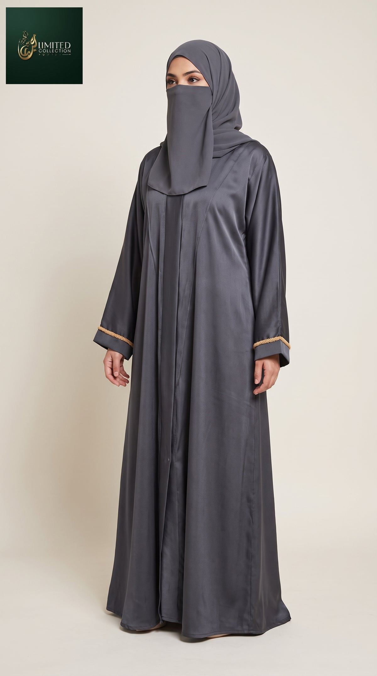 Front-Open Abaya with Golden Handcrafted Cutdana Cuffs | Premium Romantic Nida Handwork Cutdana Colored Abaya