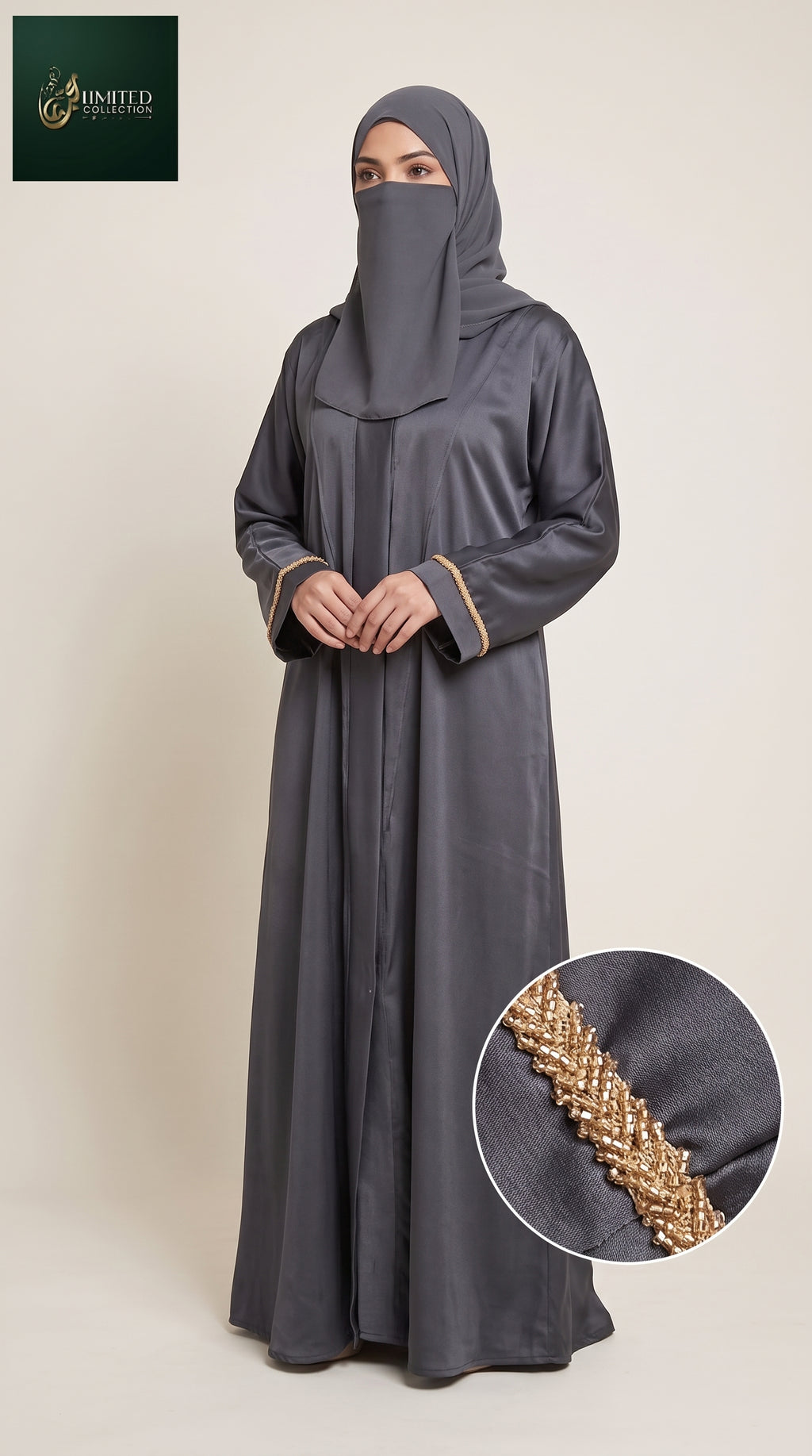Front-Open Abaya with Golden Handcrafted Cutdana Cuffs | Premium Romantic Nida Handwork Cutdana Colored Abaya