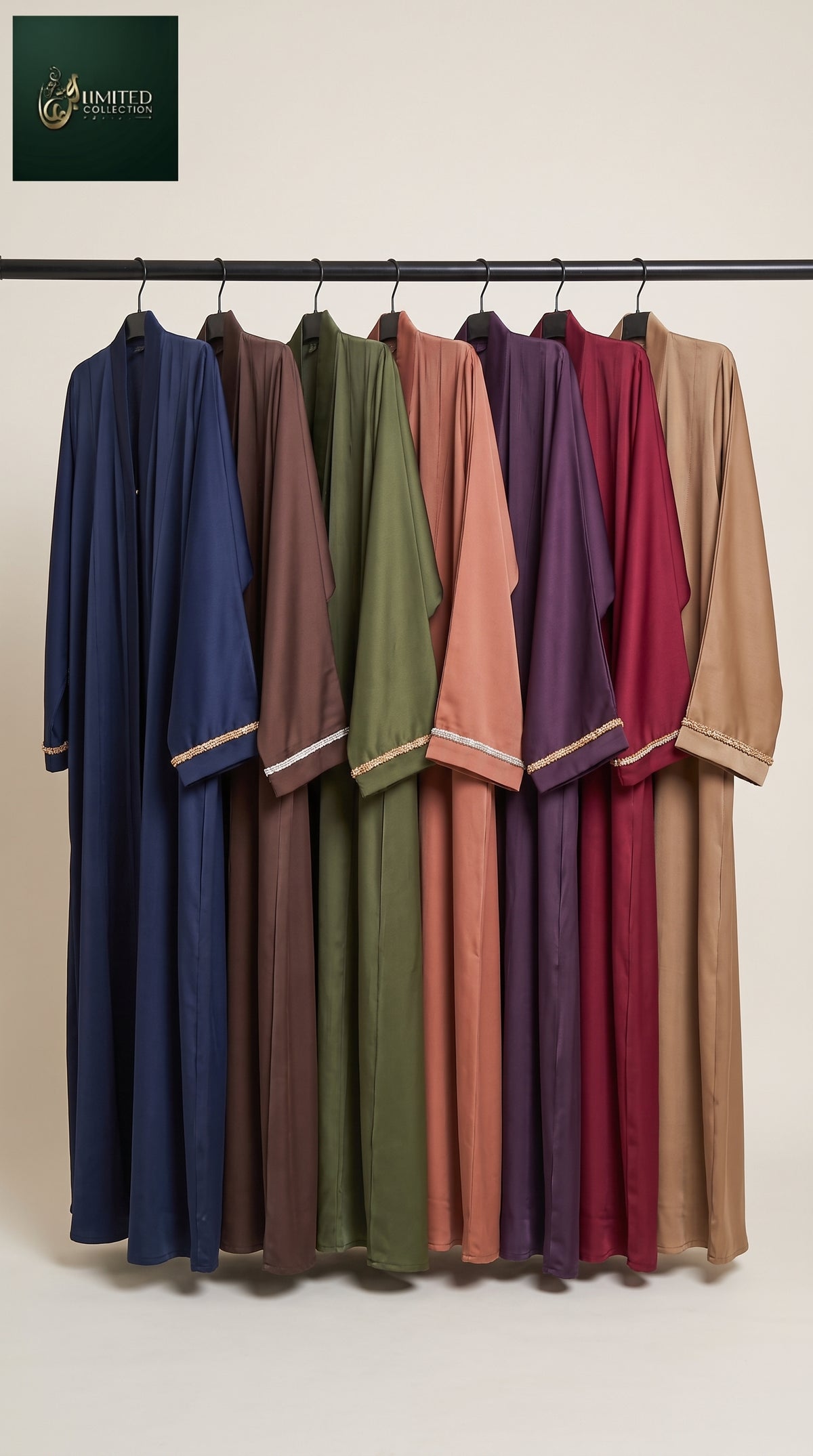 Front-Open Abaya with Golden Handcrafted Cutdana Cuffs | Premium Romantic Nida Handwork Cutdana Colored Abaya