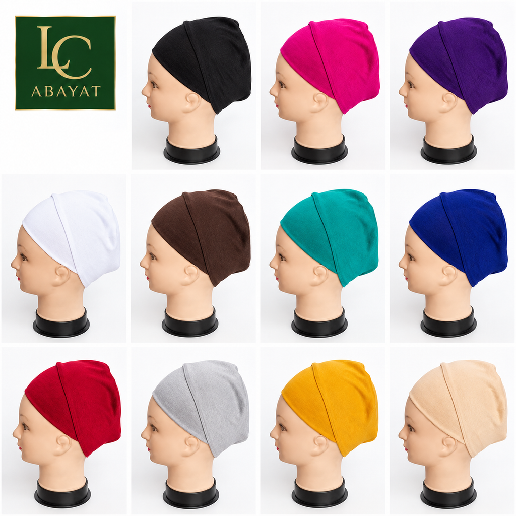 A 12-color catalog grid showing women's hijab band tubes on mannequin heads, with a green 'LC ABAYAT' brand logo in the top-left corner. The tube bands are shown in black, magenta, purple, white, brown, teal, blue, red, gray, yellow, and beige.