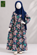 A long-sleeved navy blue maxi abaya with a pink and green floral pattern, styled on a mannequin with a navy blue hijab. The image is from the 'Abayat Limited Collection' line and features a logo in the top left corner.