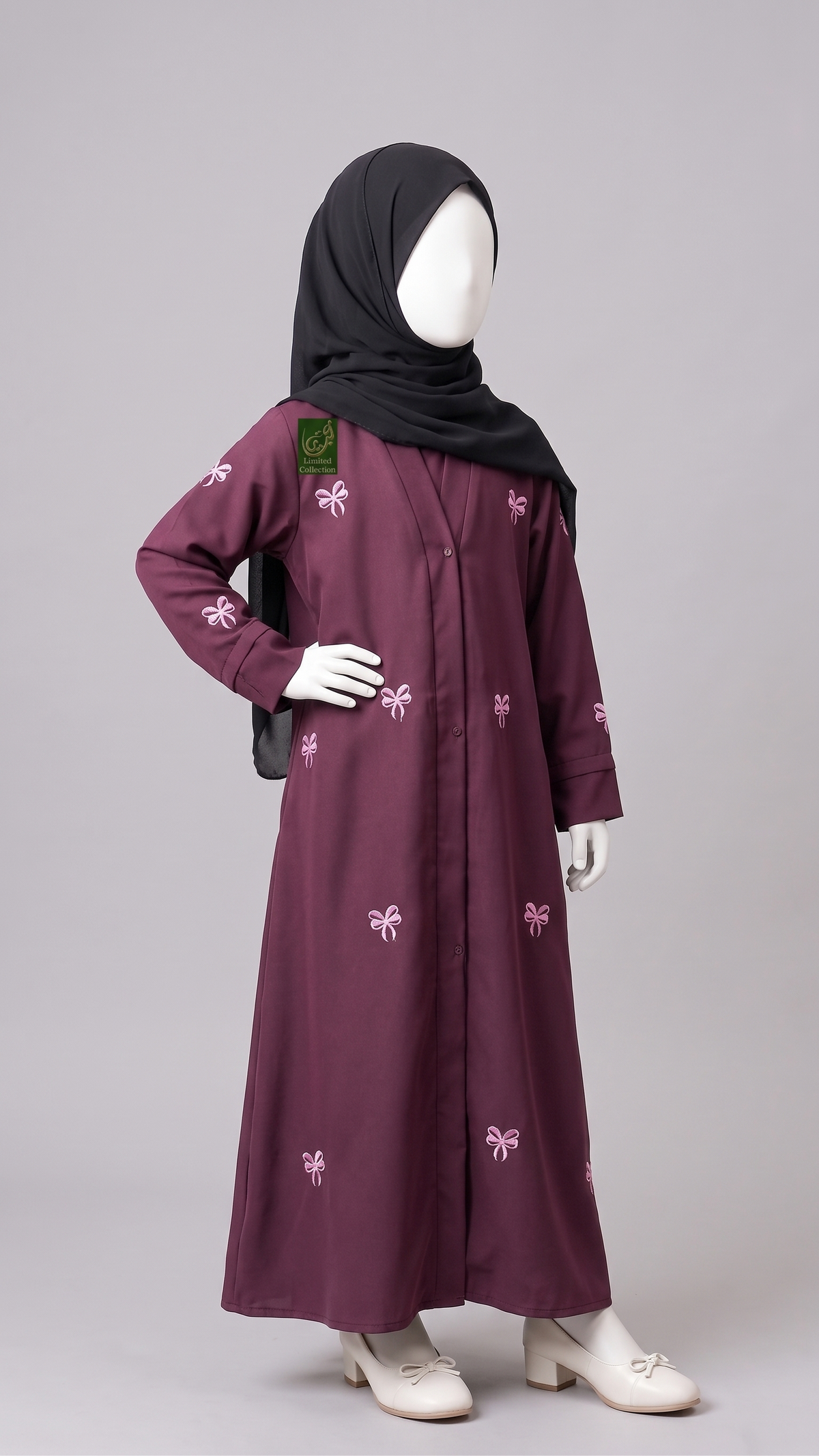 Kids Front-Open Bow Embroidered Abaya | Premium Nida Colorful Embroidered Abayas for Kids
