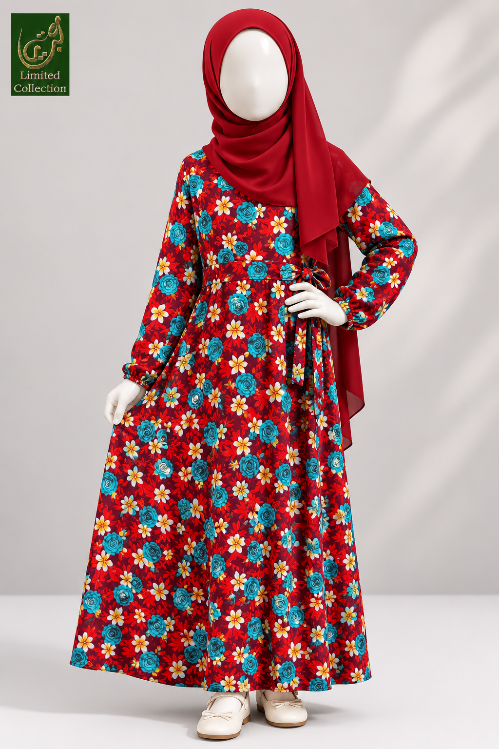 Kids Front-Closed Printed Floral Maxi Abaya with Belt | Premium Chiffon Maxi Abaya for Kids