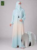 A woman modeling a light blue to cream gradient abaya with a matching hijab, shown against a neutral gray studio background. A circular inset highlights the buttoned front and tassel detail of the abaya.