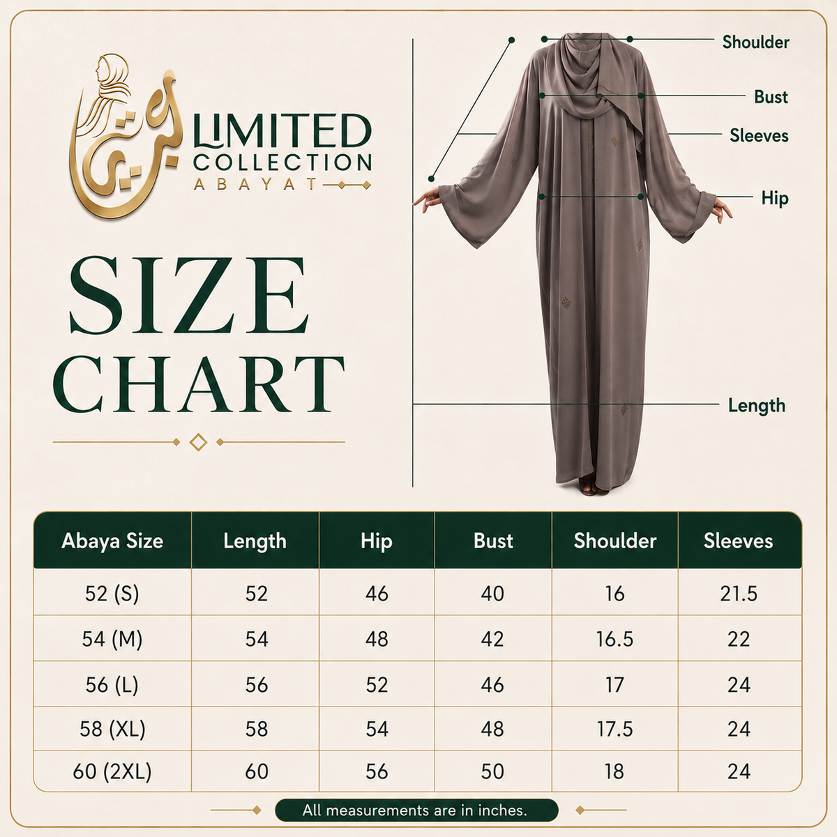A size chart graphic for a modest long abaya from Abayat Limited Collection. The top half shows a beige and brown robe with labeled measurements for shoulder, bust, sleeves, and hip, and the bottom half contains a measurement table by size from S to 2XL.
