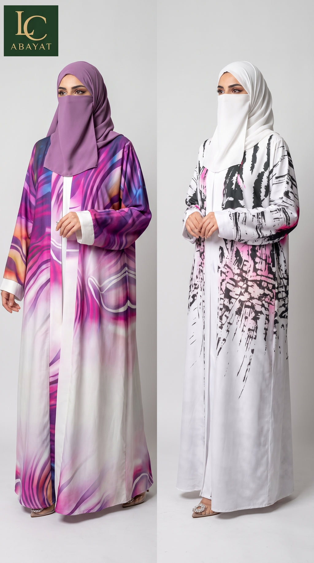 Two women modeling long abayas with head coverings against a light gray studio background. The left abaya is purple, pink, and white with a marbled abstract print.
