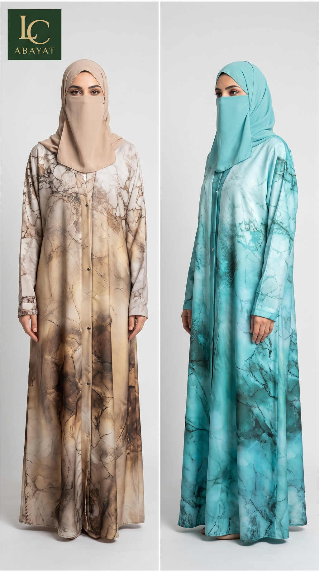 Two women modeling long abaya dresses with matching hijabs, shown side by side against a light gray studio background. The left model wears a beige and brown marble-patterned abaya with a light beige hijab, and the right model wears a turquoise and blue marble-patterned abaya with a matching turquoise hijab.