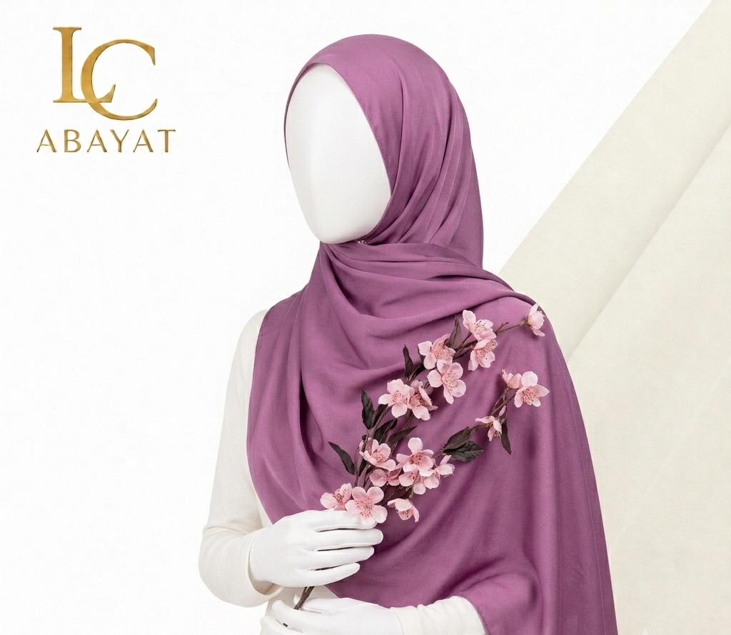 A mauve purple hijab with pink cherry blossom in her hands, displayed on a white mannequin. The brand logo 'IC ABAYAT' is visible in the top left corner.