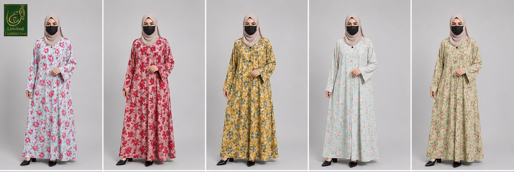 Five women modeling long abaya dresses in different floral and patterned prints, shown side-by-side against a neutral gray background.
