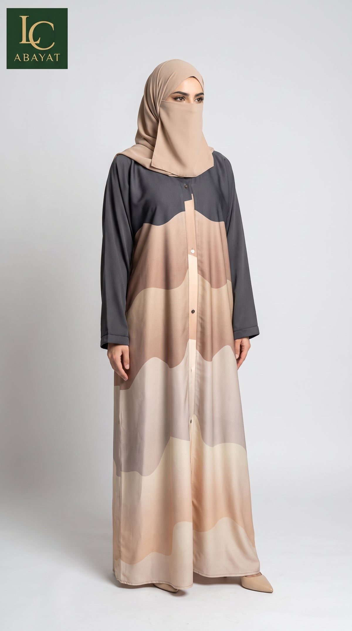Front-Open Desert Dune Self-Print Abaya with Pockets | Premium Romantic Nida