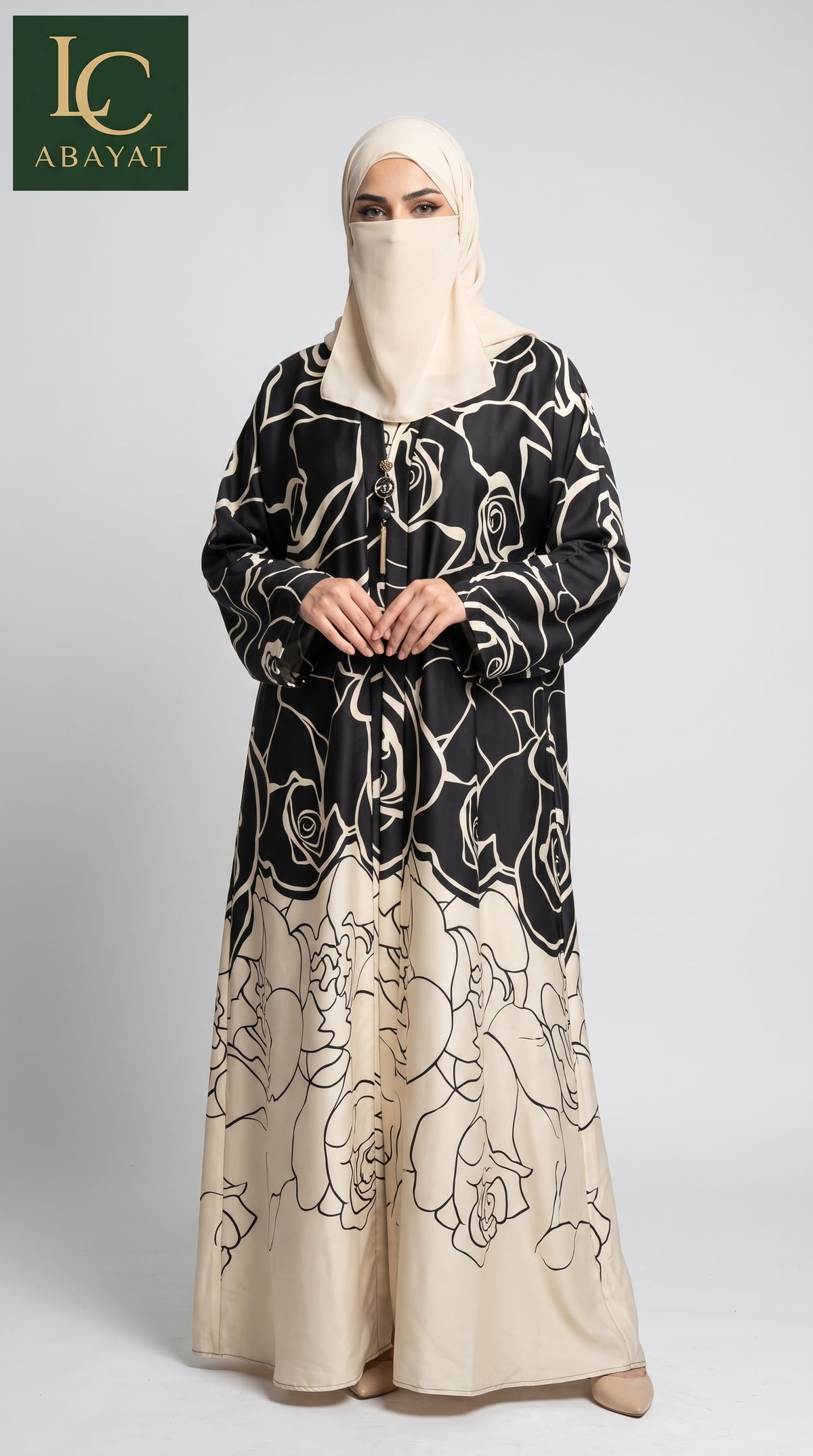 Rose Line Printed Front-Open Abaya With Attached |Inner | Premium Romantic Nida