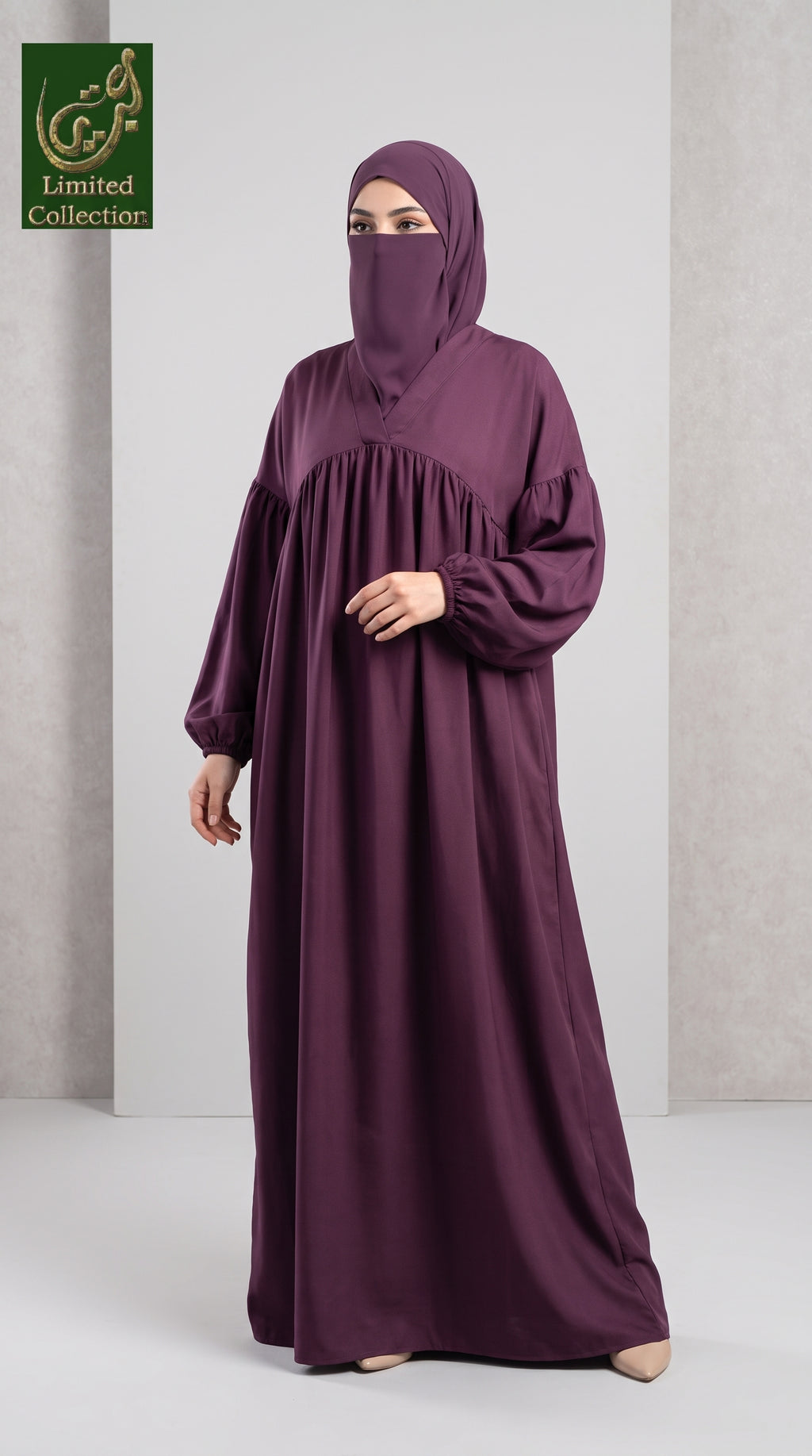 Front-Closed Pleated Maxi Abaya | Premium Romantic Nida V-Neck Maxi Abaya with Pleats