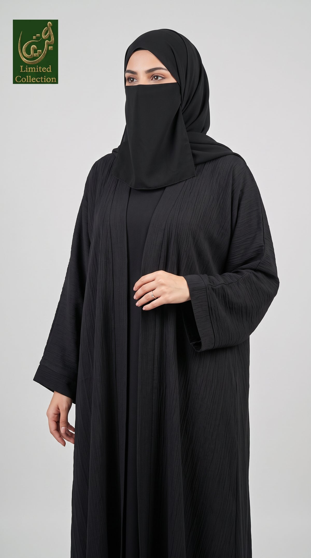 Front-Open Black Textured Abaya | Premium Crinkle Nida Abaya