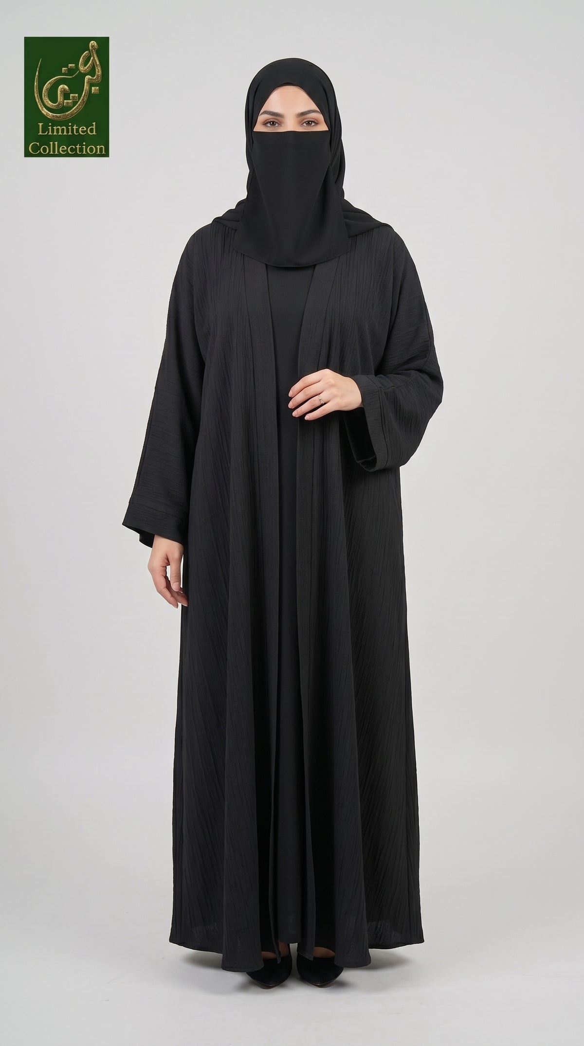 Front-Open Black Textured Abaya | Premium Crinkle Nida Abaya