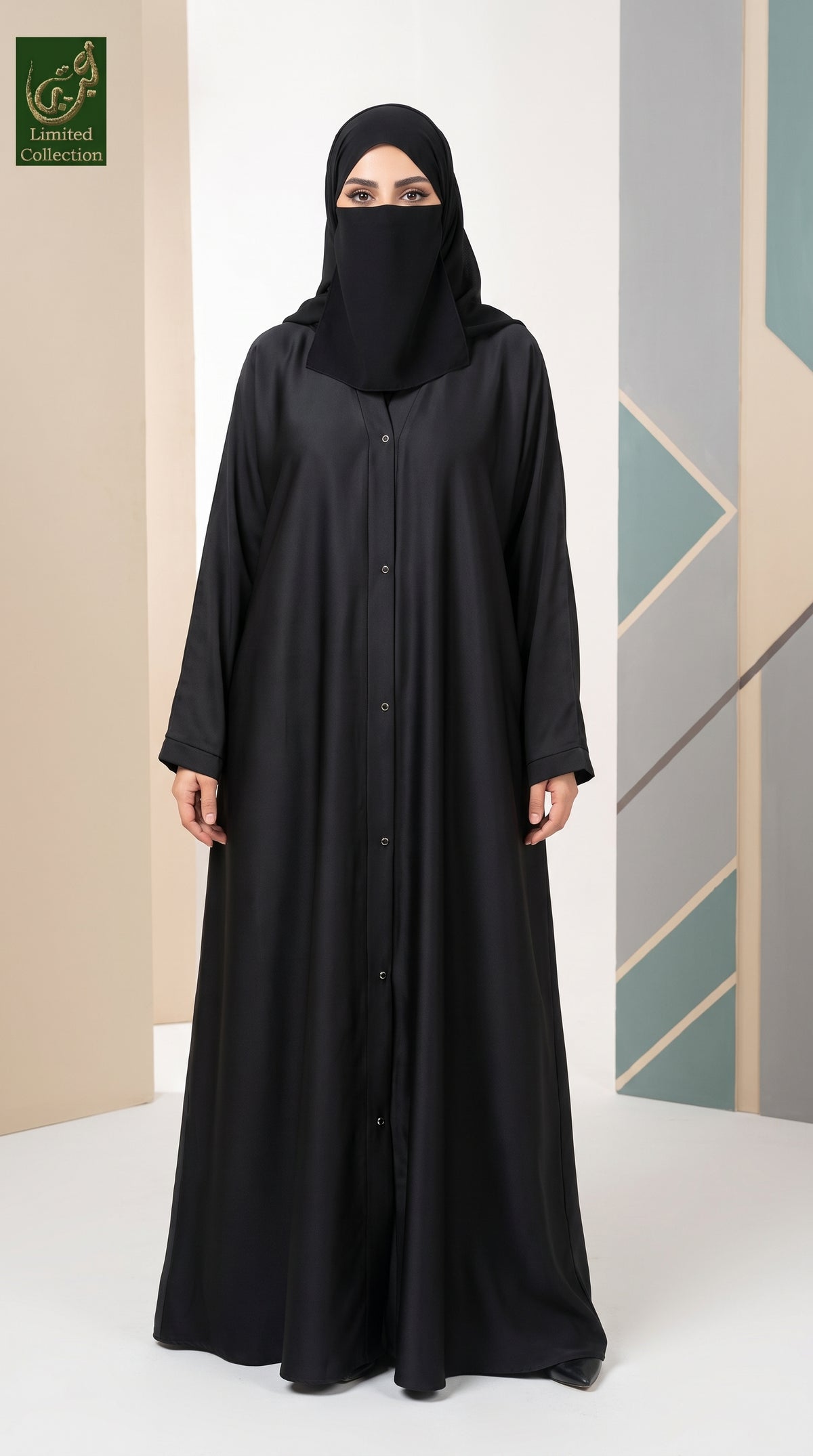 Front-Open Plain Black Abaya with Side Pockets | Premium Romantic Nida Abaya