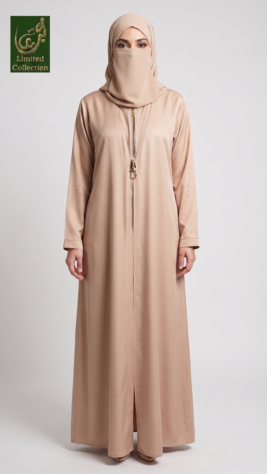 Front Close Zip Neckline Abaya with Brooch