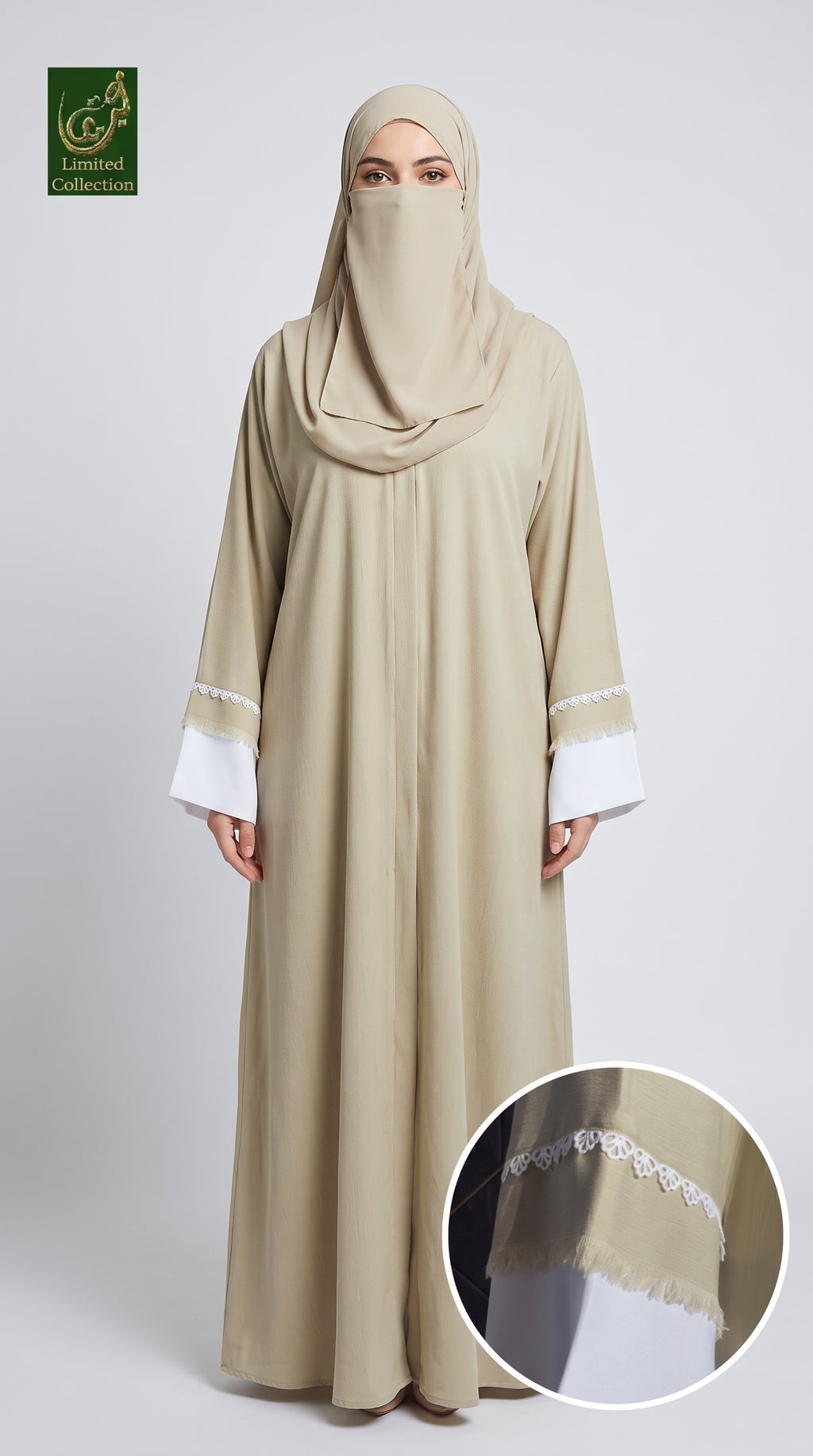 Front-Open Contrast Lace Abaya | Premium Cotton Crinkle Abaya with Fringe Cuffs