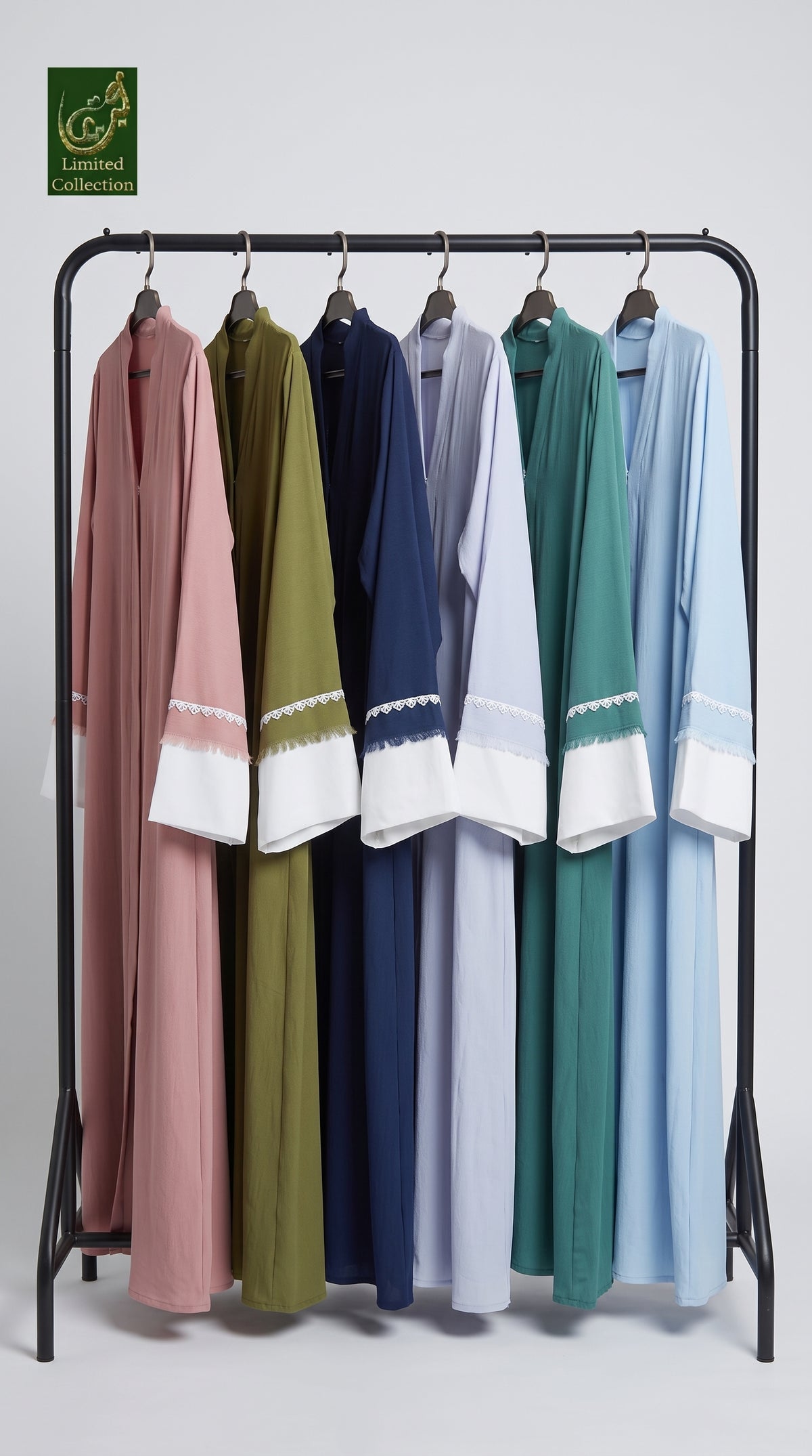 Front-Open Contrast Lace Abaya | Premium Cotton Crinkle Abaya with Fringe Cuffs