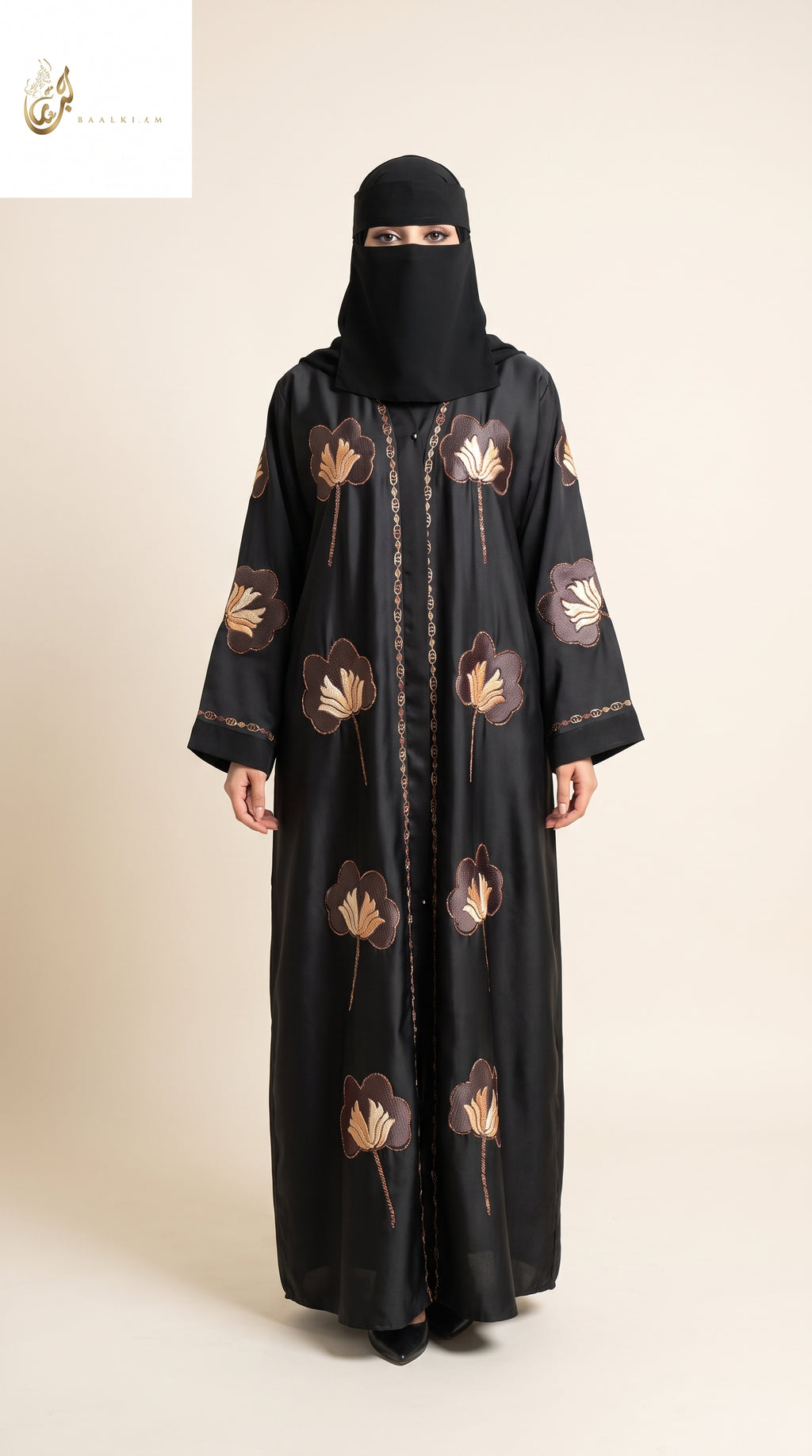 Front-Open Bloom Stone Embroidered Abaya | Premium Romantic Nida Floral Stonework Abaya
