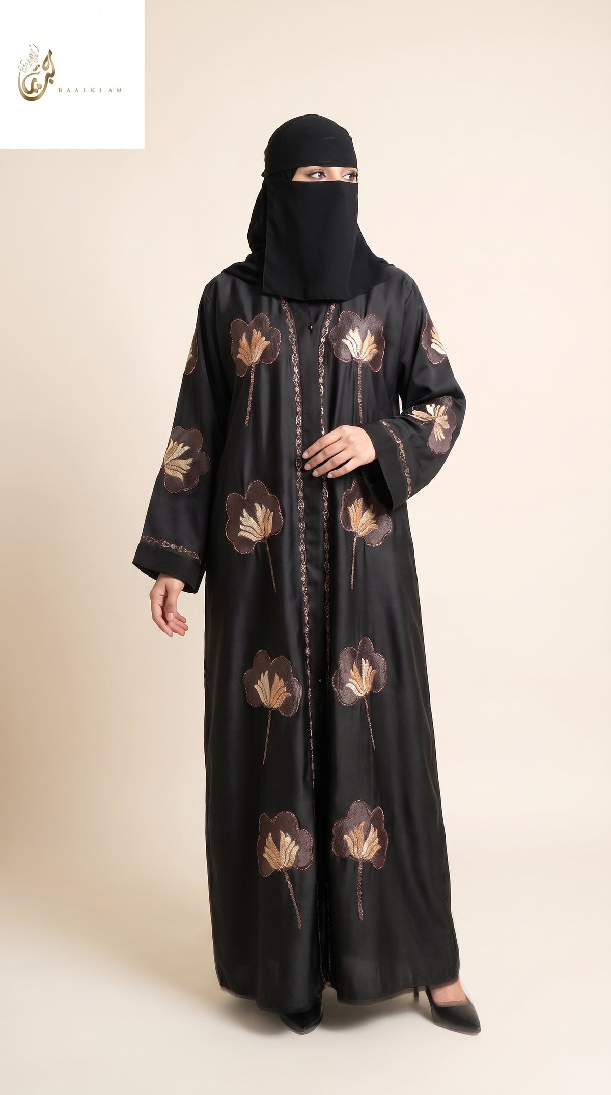 Front-Open Bloom Stone Embroidered Abaya | Premium Romantic Nida Floral Stonework Abaya