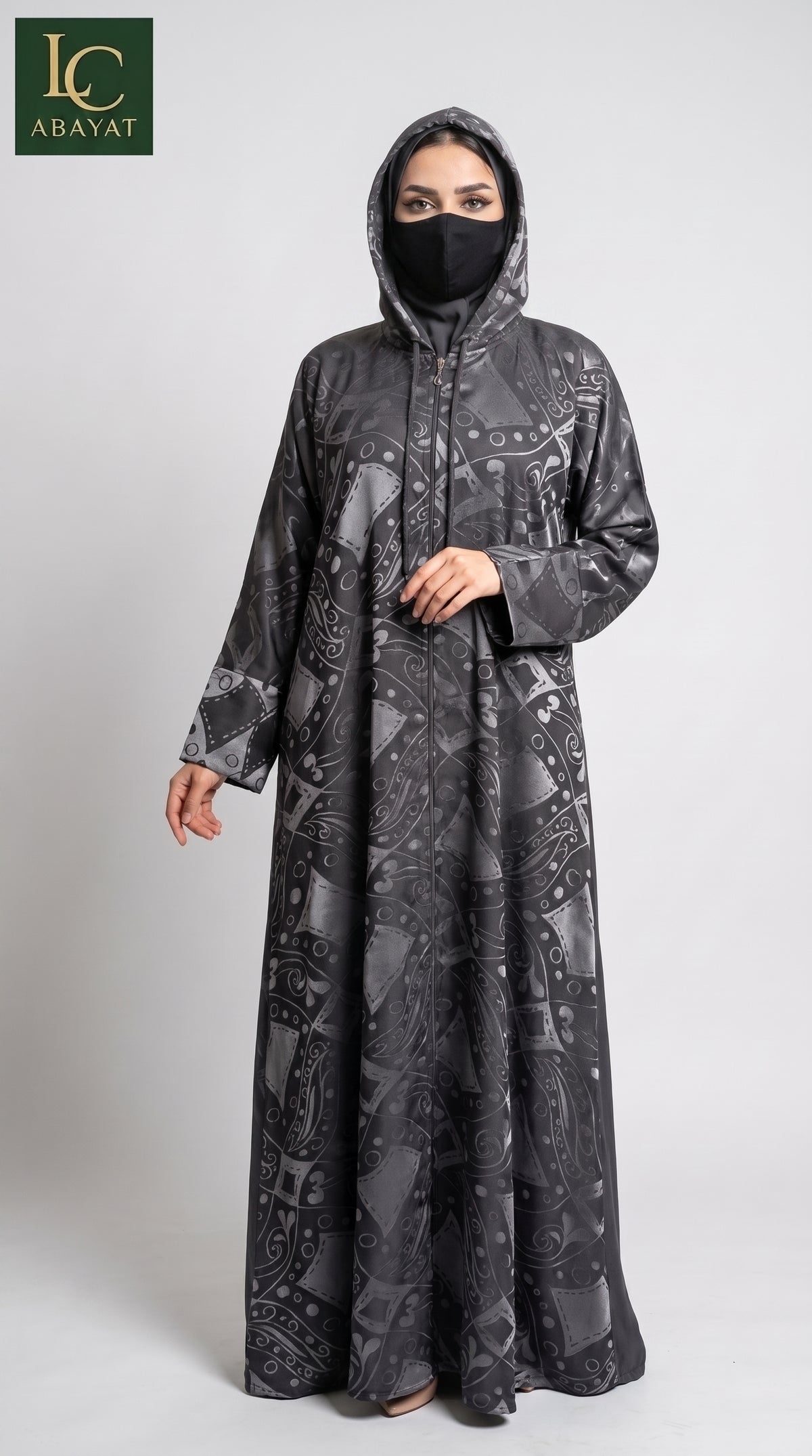 Front-Open Self Printed Hooded Abaya with Pockets | Premium Jacquard Hoodie Abaya