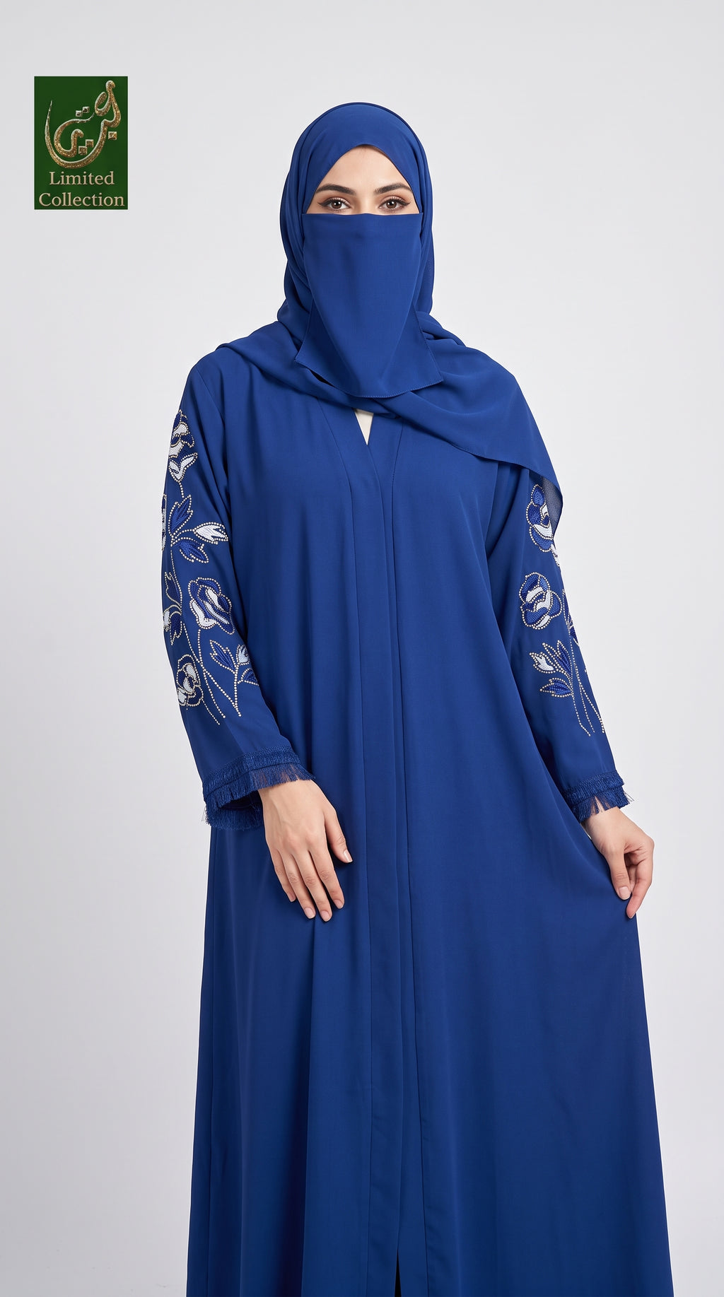 Front-Open Rose Stone-Embroidered Pastel Abaya With Scarf | Premium Moss Chiffon 2pcs Stonework Abaya