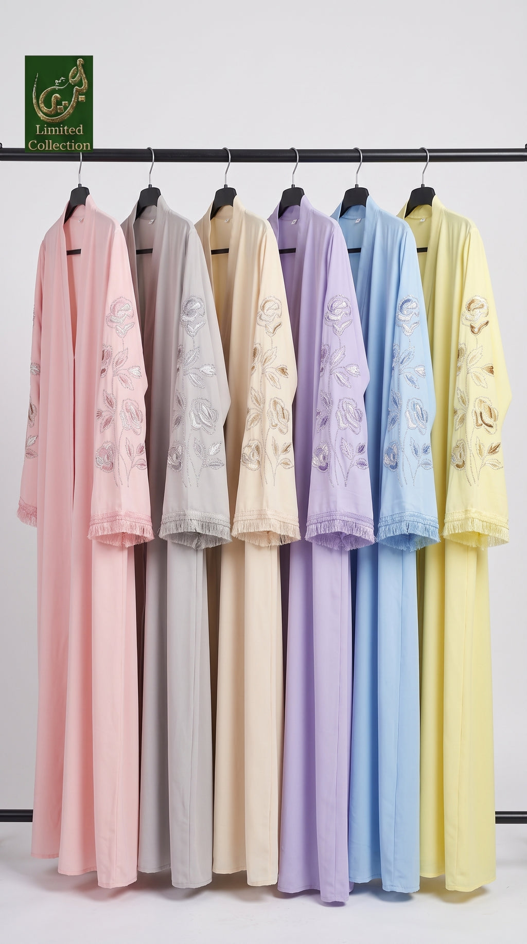 Front-Open Rose Stone-Embroidered Pastel Abaya With Scarf | Premium Moss Chiffon 2pcs Stonework Abaya