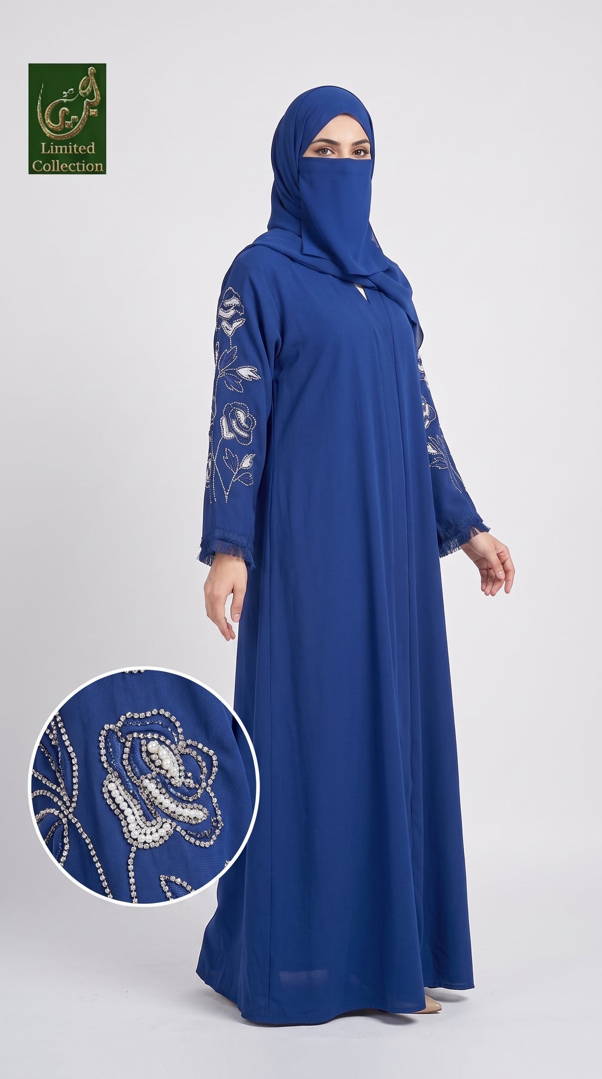 Front-Open Rose Stone-Embroidered Pastel Abaya With Scarf | Premium Moss Chiffon 2pcs Stonework Abaya