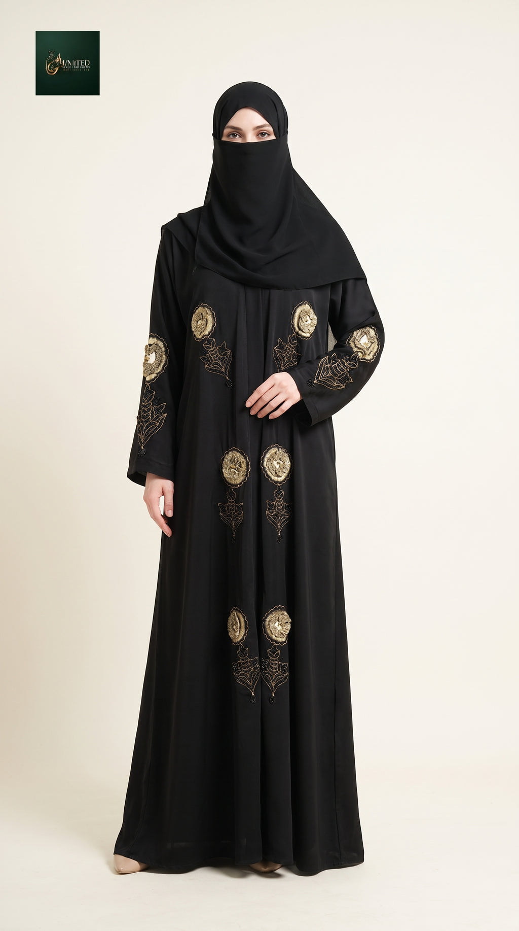 Front-Open Golden Rosette Handcrafted Cutdana Black Abaya | Premium Romantic Nida Black Handwork Cutdana Abaya