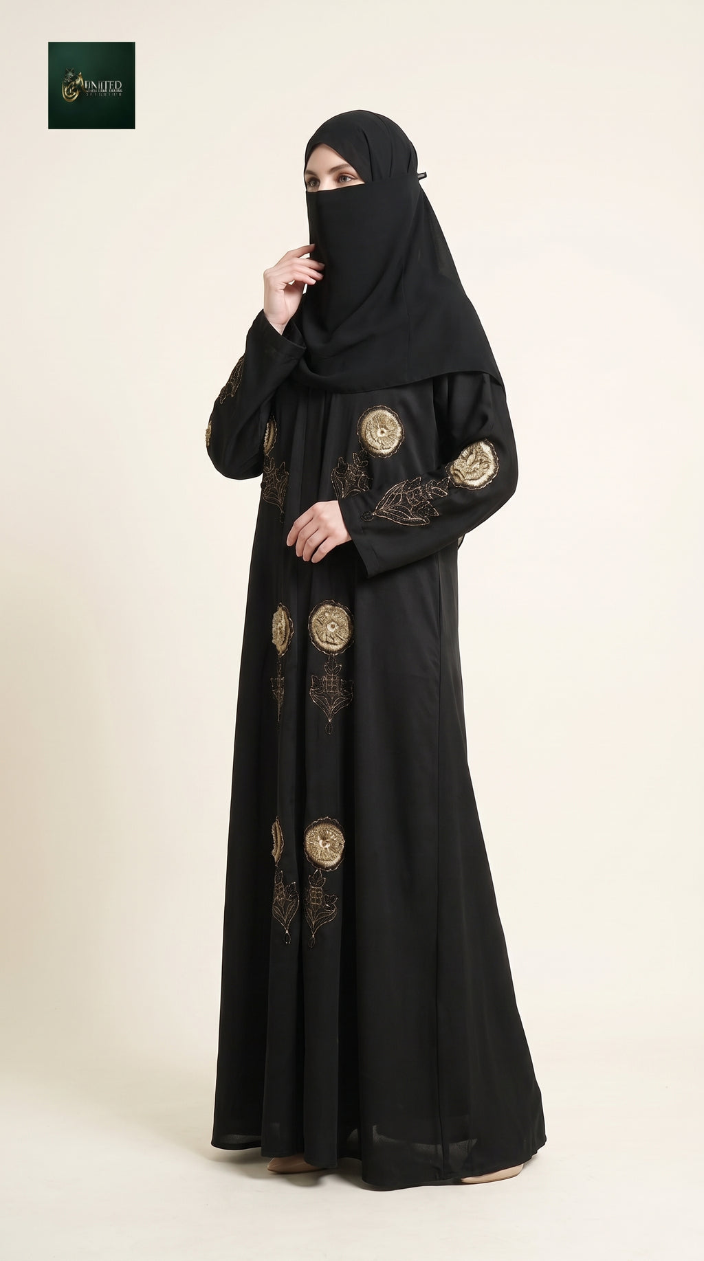Front-Open Golden Rosette Handcrafted Cutdana Black Abaya | Premium Romantic Nida Black Handwork Cutdana Abaya