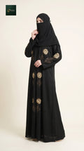 Front-Open Golden Rosette Handcrafted Cutdana Black Abaya | Premium Romantic Nida Black Handwork Cutdana Abaya