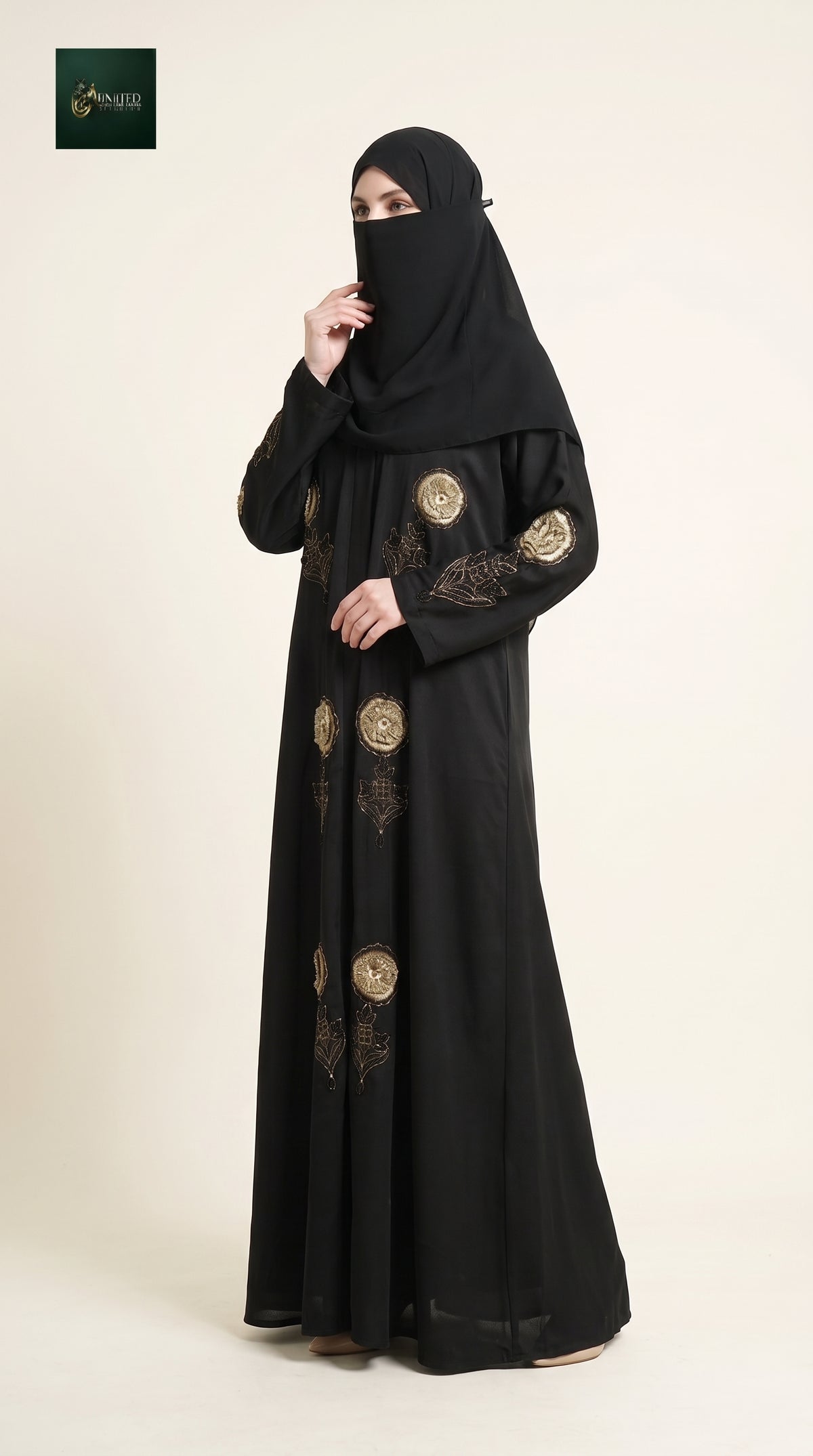 Front-Open Golden Rosette Handcrafted Cutdana Black Abaya | Premium Romantic Nida Black Handwork Cutdana Abaya