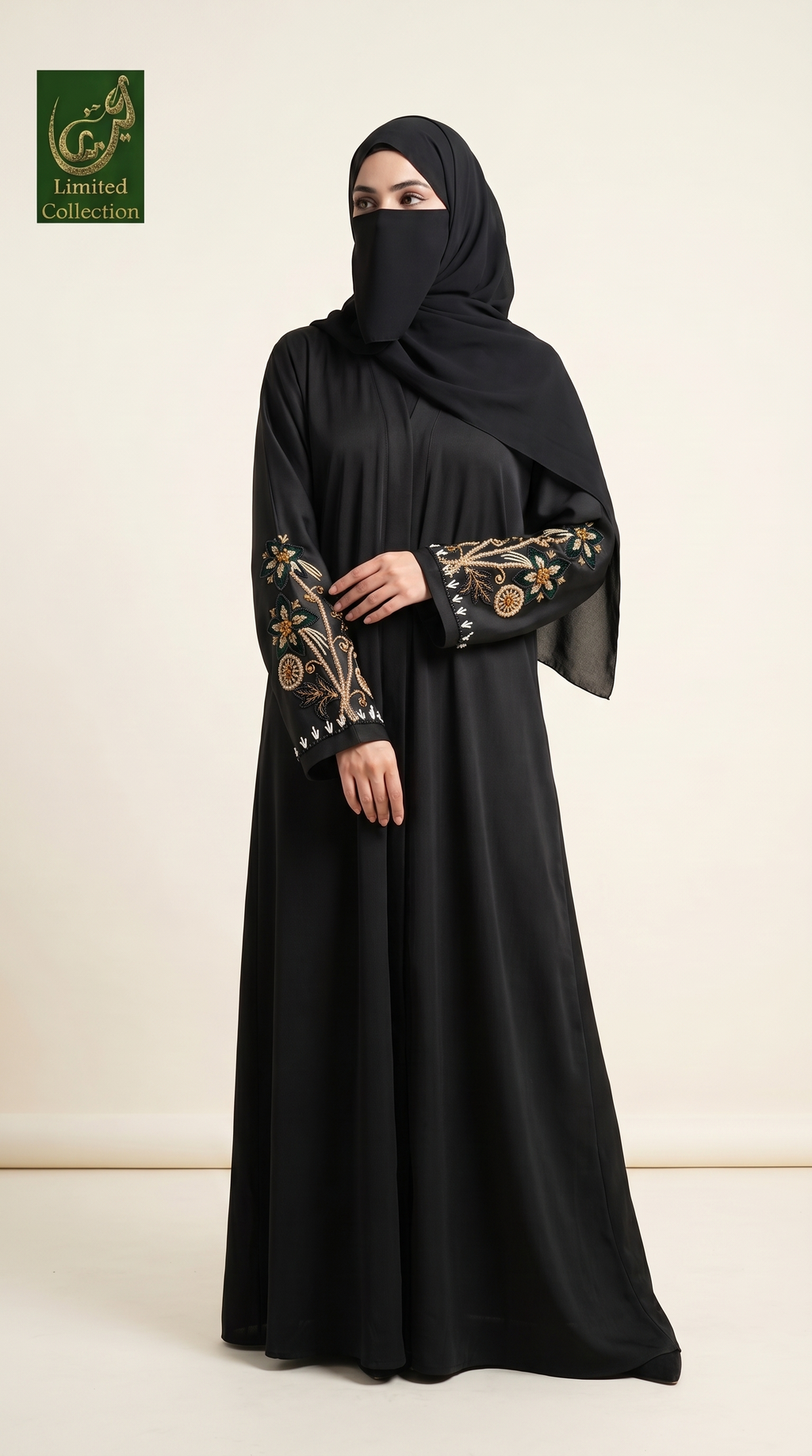 Front-Open Vintage Floral Cutdana Handwork Abaya | Premium Romantic Nida Handcrafted Cutdana Abaya