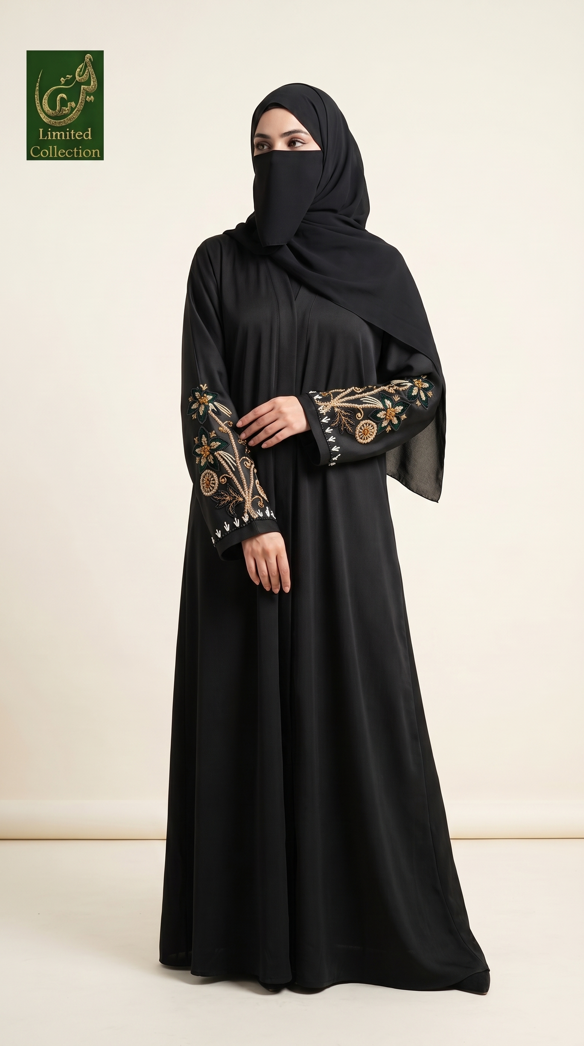 Front-Open Vintage Floral Cutdana Handwork Abaya | Premium Romantic Nida Handcrafted Cutdana Abaya