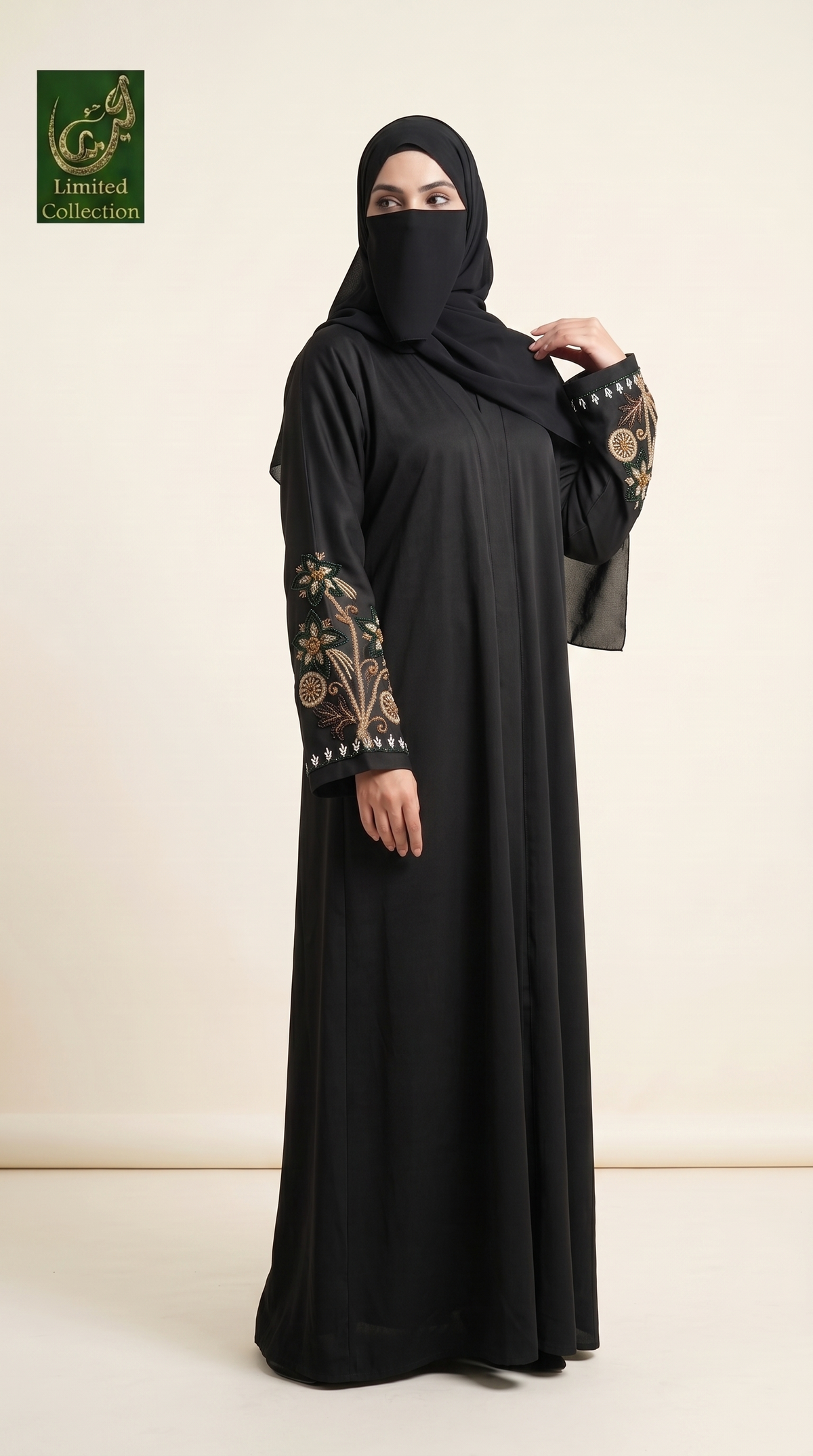 Front-Open Vintage Floral Cutdana Handwork Abaya | Premium Romantic Nida Handcrafted Cutdana Abaya