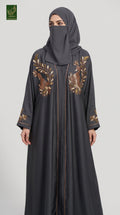 Front-Open Abaya with Peacock Stone Embroidery | Premium Romantic Nida Peacock Stonework Abaya
