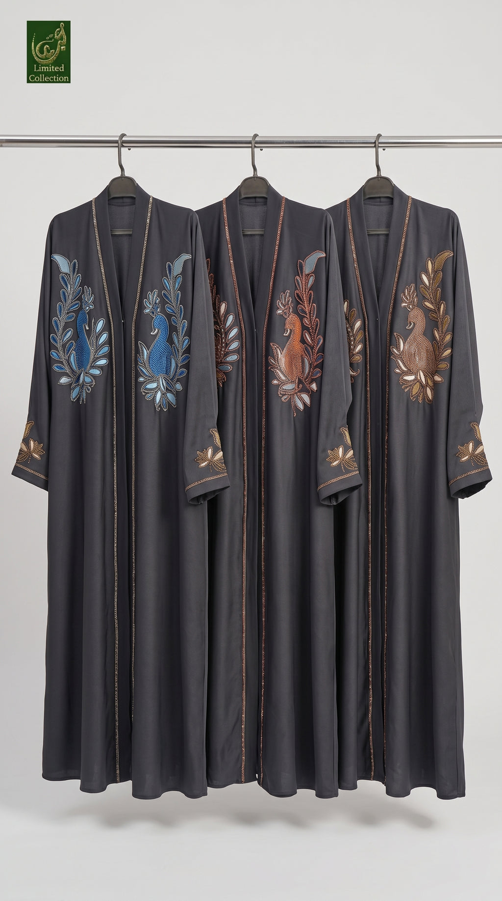 Front-Open Abaya with Peacock Stone Embroidery | Premium Romantic Nida Peacock Stonework Abaya