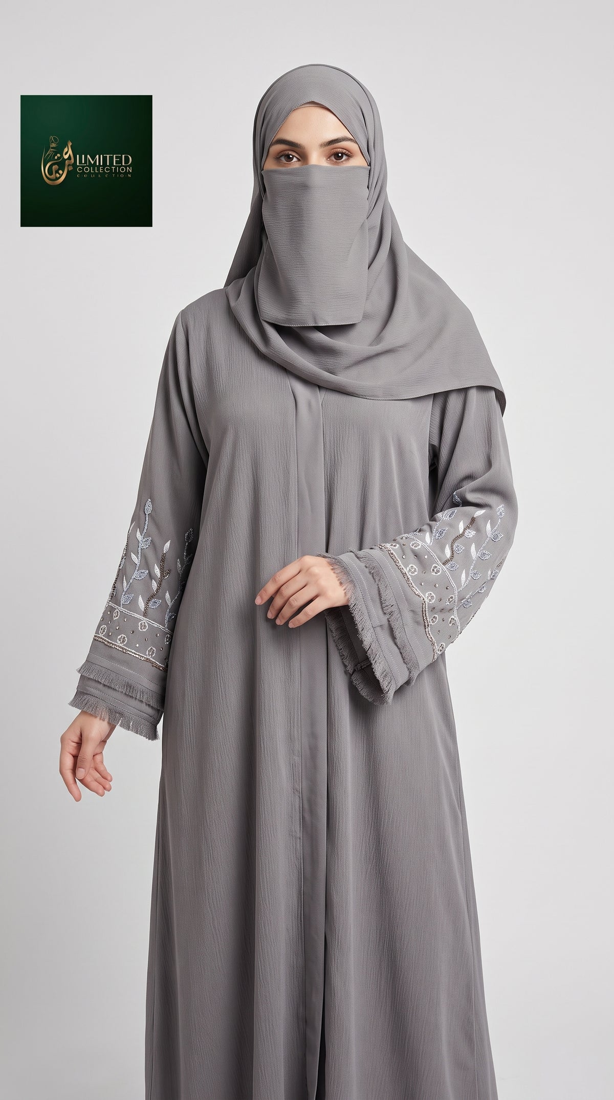 Front-Open Abaya with Cutdana Embroidery on  Sleeves | Premium Romantic Nida Cutdana Abaya
